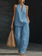 Sleeveless Loose Tunic Top Cuffed Wide Leg Pocket Pants