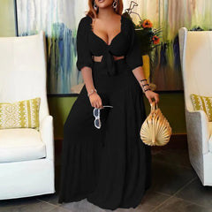 Solid Tie-Front Crop Top & Wide-Leg Pants Two-Piece Set