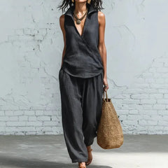 2026 foreign trade cross-border spring and summer new clothing simple lapel shirt and wide-leg pants linen two-piece set
