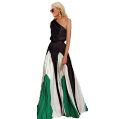 One Shoulder Color Block Printed Maxi Dress