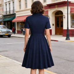 Lapel Short Sleeve Button Front Belted Vintage Swing Midi Dress