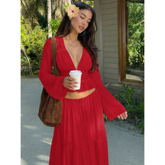 Matching Flowy Linen Look Lace Spliced V-Neck Long Sleeve Chiffon Tiered Skirt Two Piece Casual Daily Outfit Set