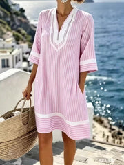 Vertical Striped V Neck Midi Dress