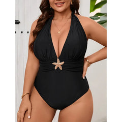Starfish Detail Halter One-Piece Swimsuit & Sheer Cover-Up Maxi Dress Set