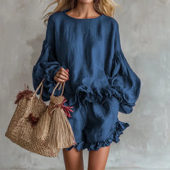 Solid Color Ruffle Trim Lantern Sleeve Top & Shorts Set