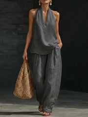 Linen Halter Top & Wide Leg Pants Set