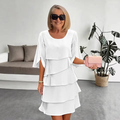 Solid Color Layered Ruffle Hem Split Sleeve Midi Dress