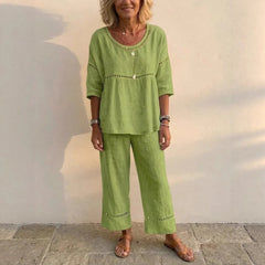Linen Blend Eyelet 2-Piece Set, Round Neck Blouse and Wide Leg Pants