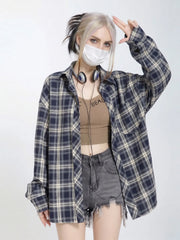 Loose Fit Navy Tartan Plaid Shirt, Oversized Longline Casual Streetwear Blouse