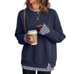 Fake Two Piece Sweatshirt, Black Base with Black White Stripe Cuff & Hem Detail