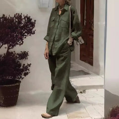 Linen Blend 2-Piece Outfit, Long Sleeve Button-Down Shirt and Wide Leg Pants Set