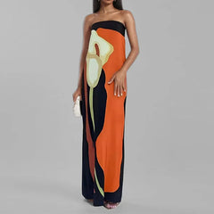 Calla Lily Print Strapless Straight Maxi Dress