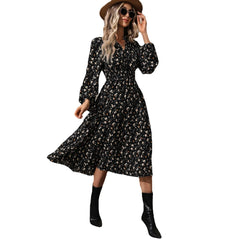 V‑neck Floral Lantern Sleeve Midi Dress