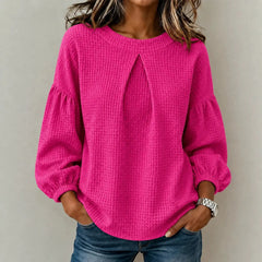 Waffle Knit Round Neck Blouse Pleated Front Balloon Long Sleeve Loose Casual Top