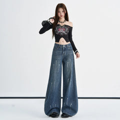 Ultra Low Waist Printed Wide Flare Denim Jeans