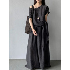 Batwing Sleeve Loose Shirt Wide Leg Long Pants 2 Piece Linen Blend Casual Set