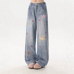 High Waist Star Patch Wide Leg Long Jeans