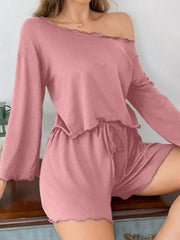 Pink Off Shoulder Lettuce Trim Long Sleeve 2 Piece Shorts Pajama Set