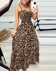 Leopard Print Smocked Waist Maxi Dress