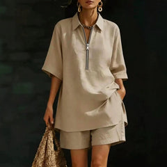White Half-Zip Shirt & Shorts Linen Set