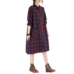 Loose Plaid Cotton Shirt Midi Dress
