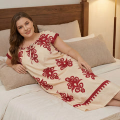 Curvy Bohemian Print Nightdress, Beige Base Red Graphic Short Sleeve Loose Midi Night Gown