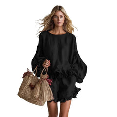 Solid Color Ruffle Trim Lantern Sleeve Top & Shorts Set