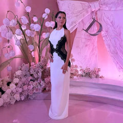 White & Black Lace Maxi Dress, Halter Neck X-Cutout Bodycon Formal Gown