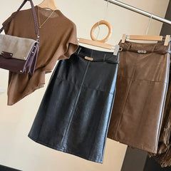 Belted Faux Leather Midi Skirt, High Waist A-Line Split Hem PU Skirt in Brown & Black