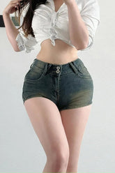 Retro Mid Waist Zip Denim Shorts