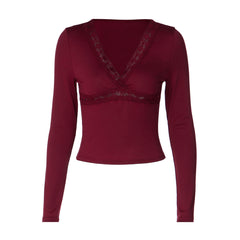 Lace Detail V-Neck Wrap Crop Top, Long Sleeve Slim Fitted Wine Red Going Out Top