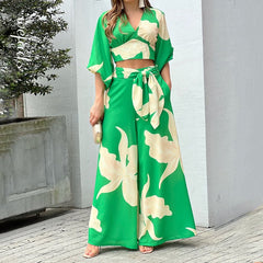 Floral Print V Neck Tie Crop Top & Wide Leg Pants Two Piece Set