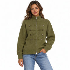 Stand Collar Zip Up Knit Cardigan, Double Breasted Decorative Button Sweater Jacket