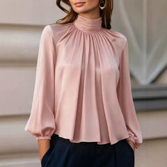Mock Neck Pleated Chiffon Blouse Long Puff Sleeve Elegant Loose Work Shirt
