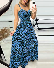 Leopard Print Smocked Waist Maxi Dress