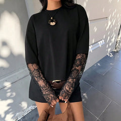 Black Long Sleeve Top With Floral Lace Sleeves & Open Lace Back | Split Back Contrast Lace Blouse