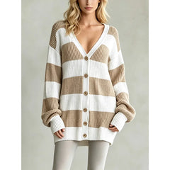 Navy White Wide Stripe Oversized Knit Cardigan V Neck Button Front Long Sleeve Loose Sweater Coat