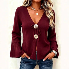 V-Neck Knit Cardigan, Large Button Tie Front Flare Long Sleeve Sweater Top