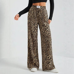 High Waist Leopard Print Straight Wide Leg Pants