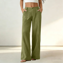 High Waist Patch Pocket Casual Linen Wide Leg Floor Length Pants