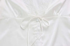Cream Satin Lace Trim V-Neck Tie Front Blouse