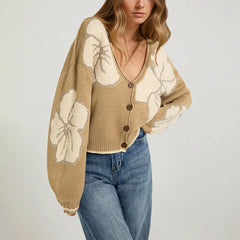 Oversized Floral Print Knit Cardigan Vintage Big Flower Long Sleeve Button Front Top