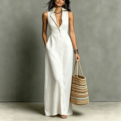 Sleeveless Collared Linen Shirt Maxi Dress