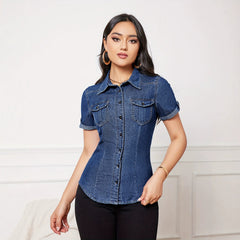 Dark Wash Blue Short Sleeve Denim Shirt