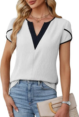 Color Block V Neck Textured Blouse Contrast Trim Casual Office Top