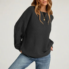 Textured Waffle Knit Oversized Crewneck Sweater Hollow Cable Sleeve Fall Jumper