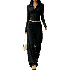 Black Polo V-neck Long Sleeve Crop Top & Elastic Waist Wide Leg Pants Two Piece Set