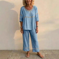 Linen Blend Eyelet 2-Piece Set, Round Neck Blouse and Wide Leg Pants