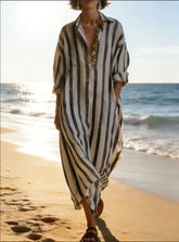 Striped Oversized Lapel Shirt Maxi Dress