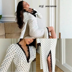V-neck Polka Dot Lace Trim Long Midi Dress